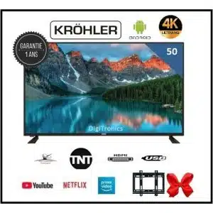 KRÖHLER Led Smart TV 50" Pouces UHD 4K Récepteur intégré + TNT + Support Mural
